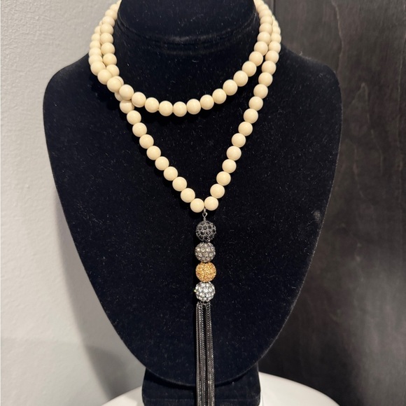 Stella & Dot Jewelry - Stella & Dot Cream Beaded Necklace with Gold and Silver Tassel